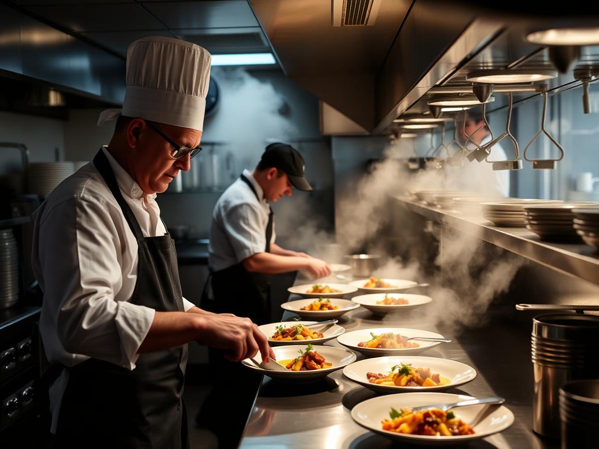 Chefs plating dishes during service in a busy independent restaurant kitchen